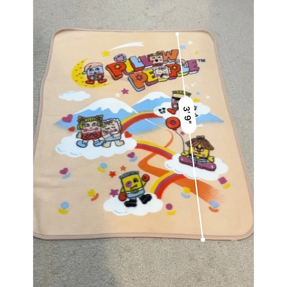 Vintage Pillow People Fleece Throw Blanket Tan‎ Rainbow Clouds 80s 90s Nostalgia